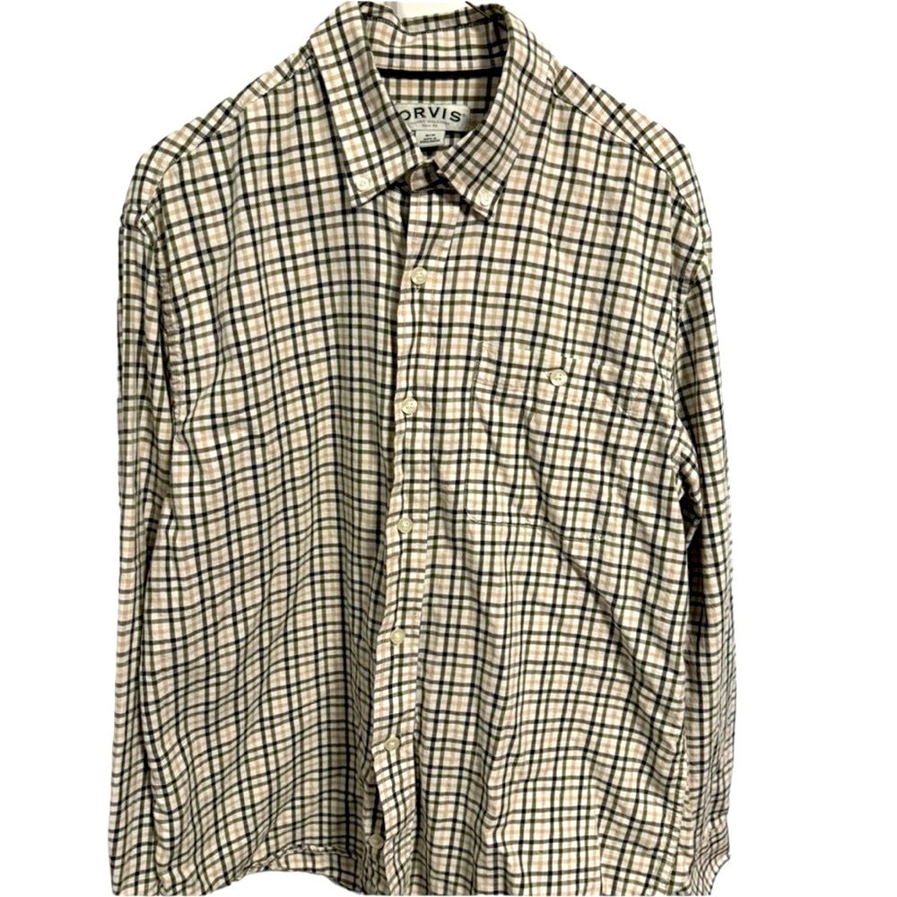 Orvis Men’s plaid shirt in beige, grey and green. Size M. GUC